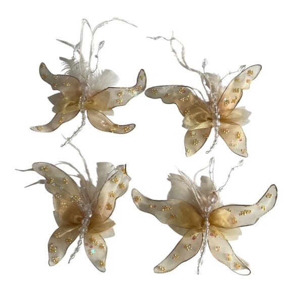 Set of 4 Sheer Gold Butterfly Hanging Ornaments with Beads and Feathers - Picture 2 of 3